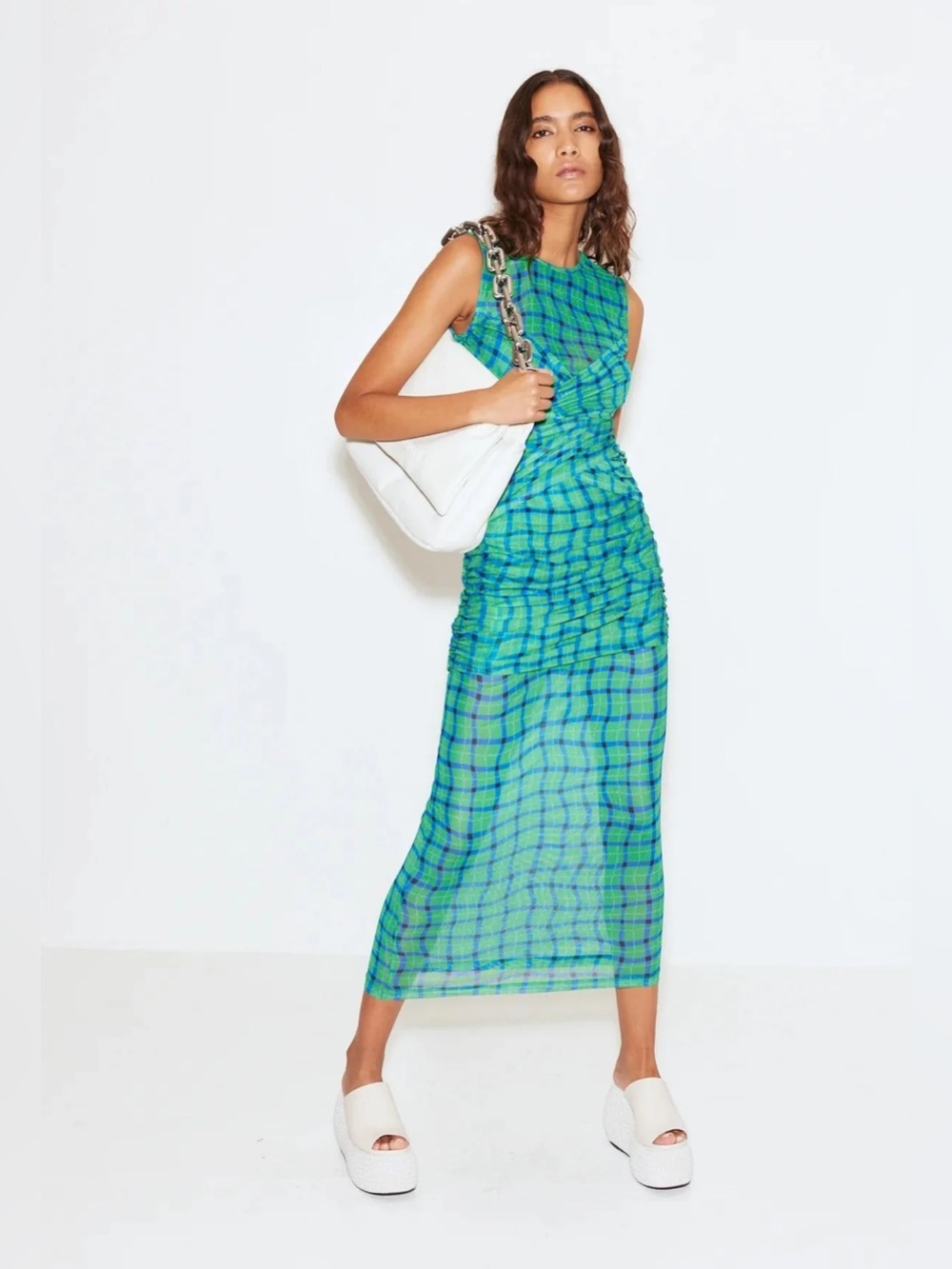 SIMON MILLER Kinny Mesh Midi Dress in Green Plaid - Picture 2 of 9